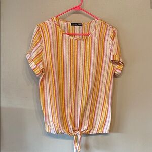 Kim & Cami Orange and Yellow Cuffed Sleeve Tie Front Blouse